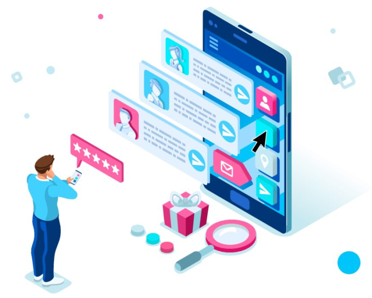 Person on smartphone chatting with digital client on service for chat. Characters on flat vector illustration